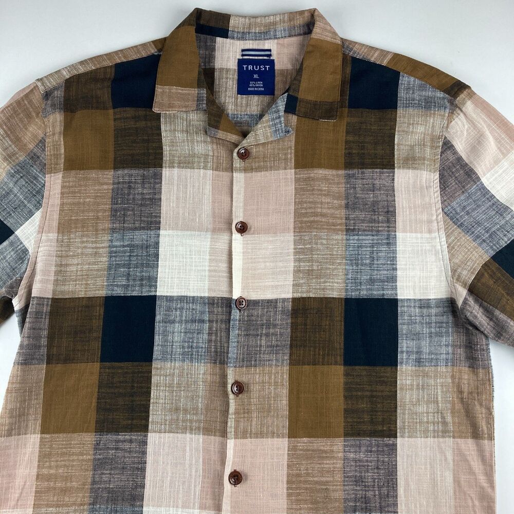 Trust Linen Blend Shirt Mens XL Plaid Camp Collar Short Sleeve Rayon